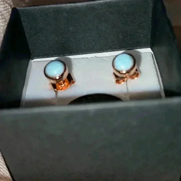 Natural Larimar gemstone set in rose gold plated sterling silver stud earrings - Picture 3 of 12